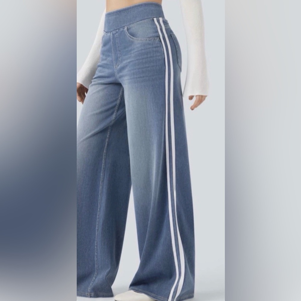 Halara Flex Jeans High Waisted Stripe Wide Leg-Flowy Stretchy Sz L